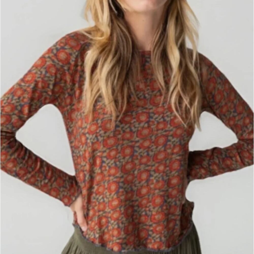 Natural Life Lily Knit Boho Floral Cottagecore Mesh Lettuce Hem Top Tee Sz Large